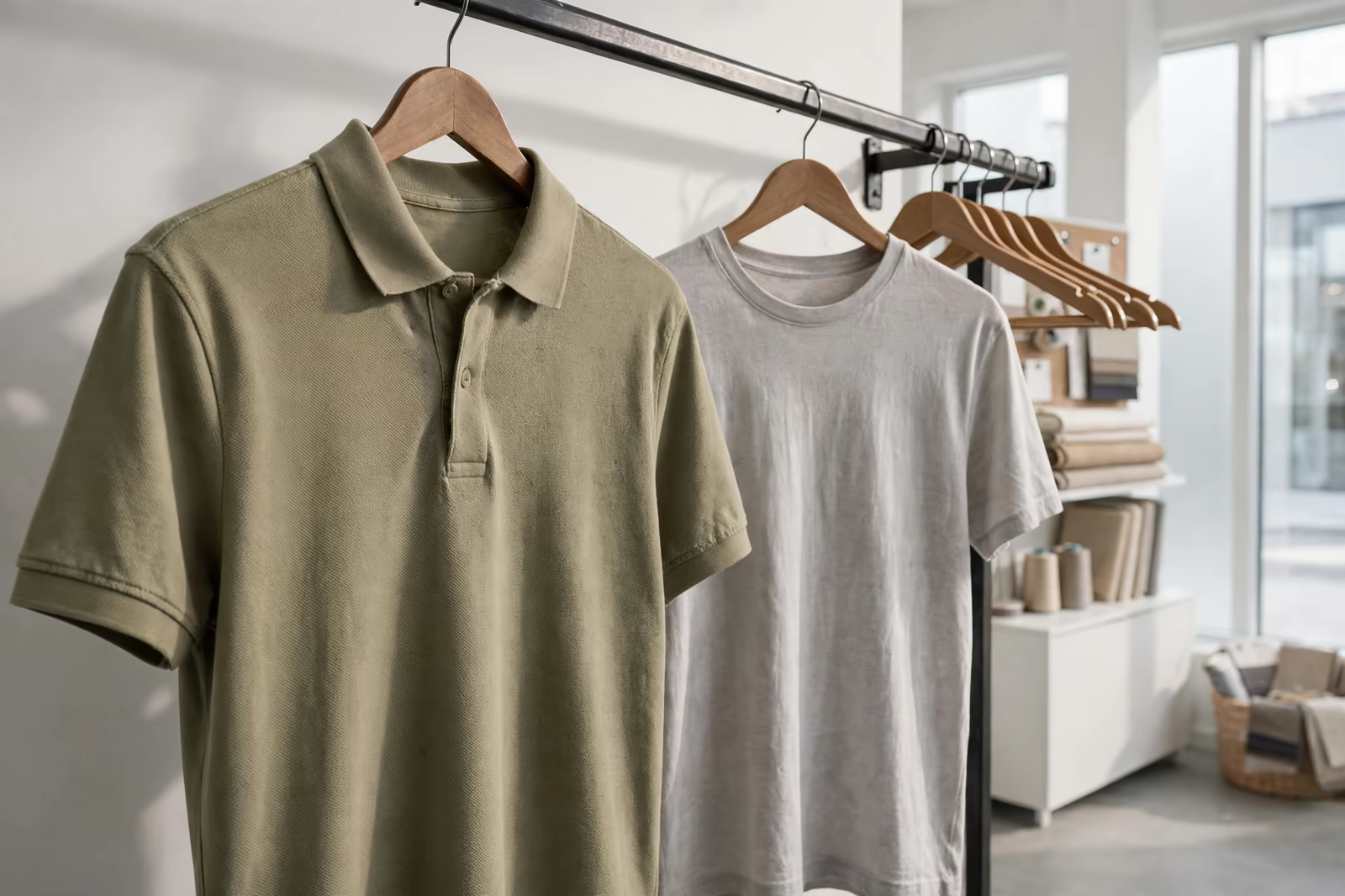 A polo shirt and a t-shirt hanging side by side on a rail in a bright sample room, produced by a clothing manufacturer in Bangladesh