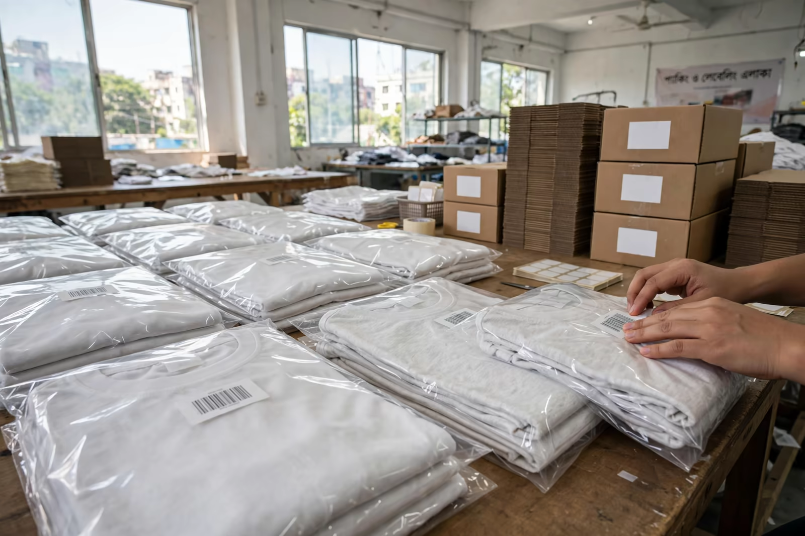 Polybagged t-shirts with barcode labels on a packing table at an apparel manufacturer in Bangladesh