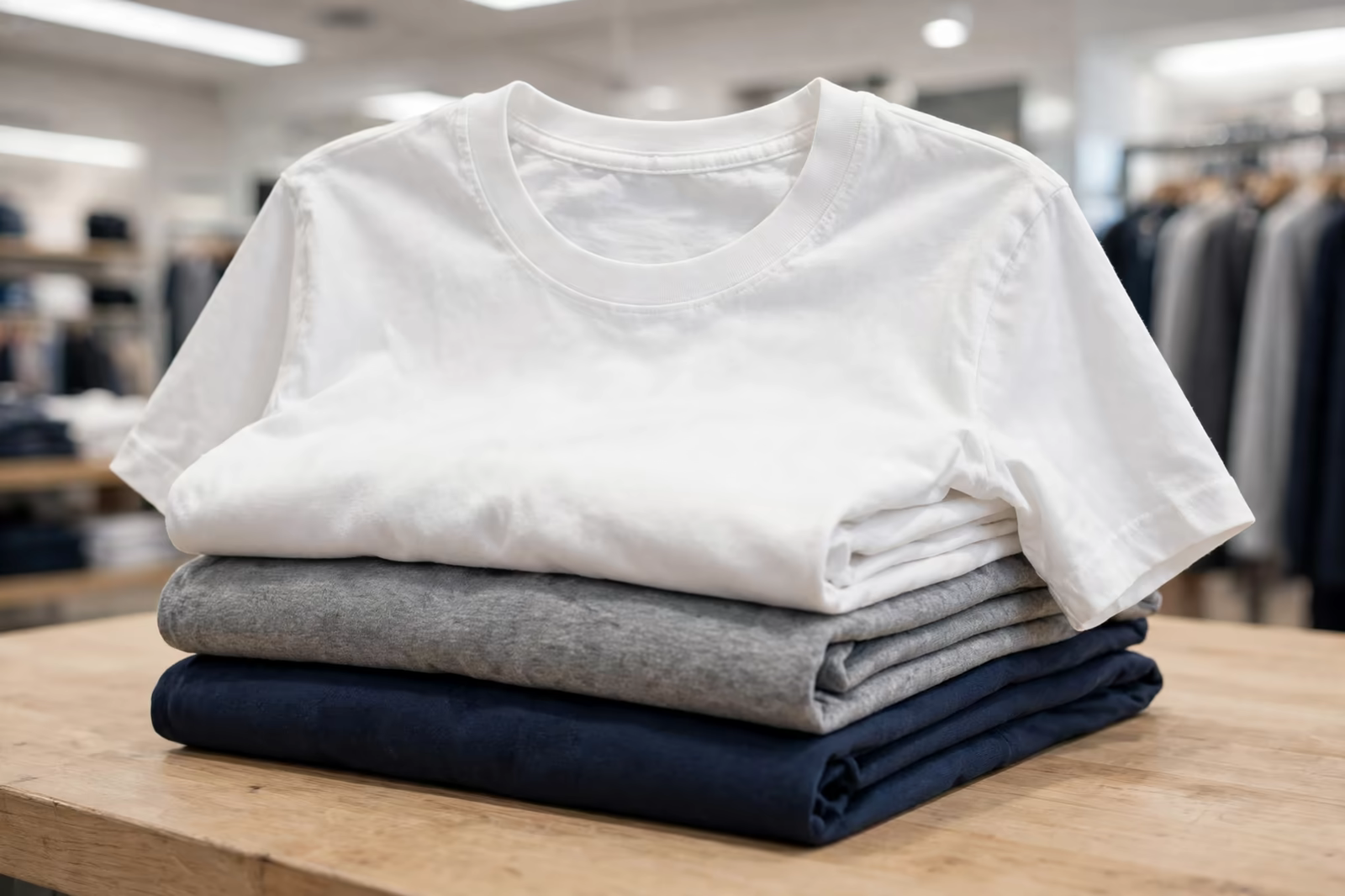 Stack of folded anchor t-shirts in Bangladesh