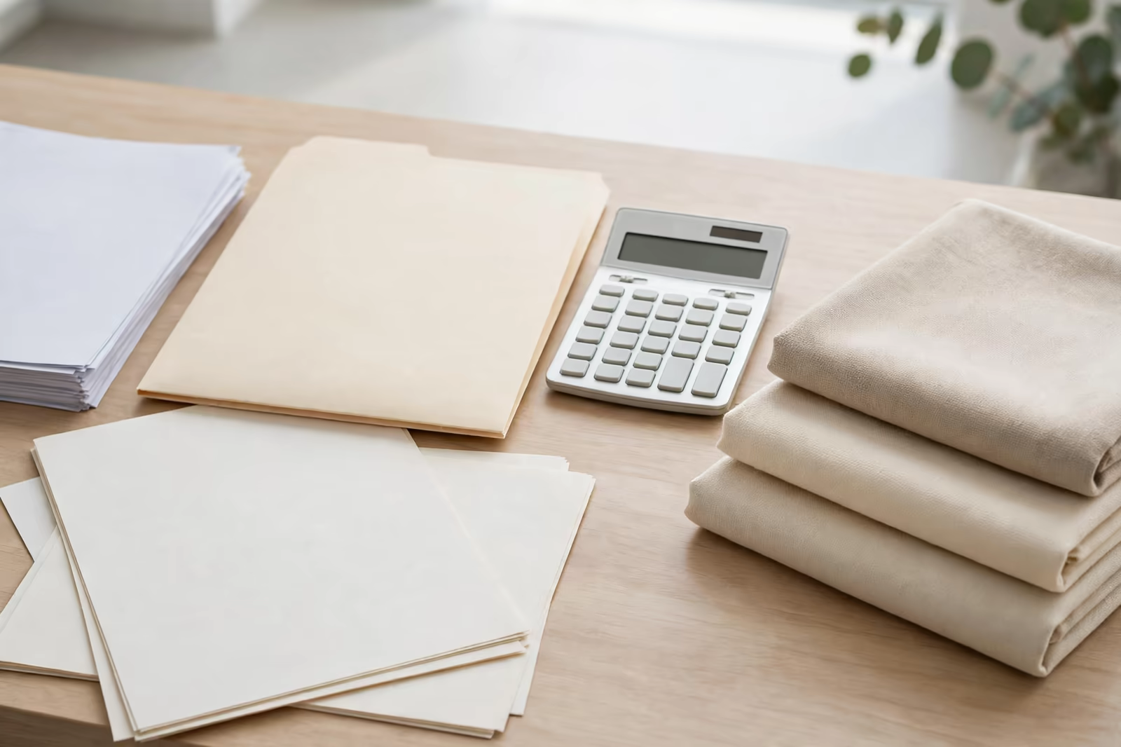 Blank payment documents, a calculator and folded garment samples on a trade desk, produced by a clothing manufacturer in Bangladesh