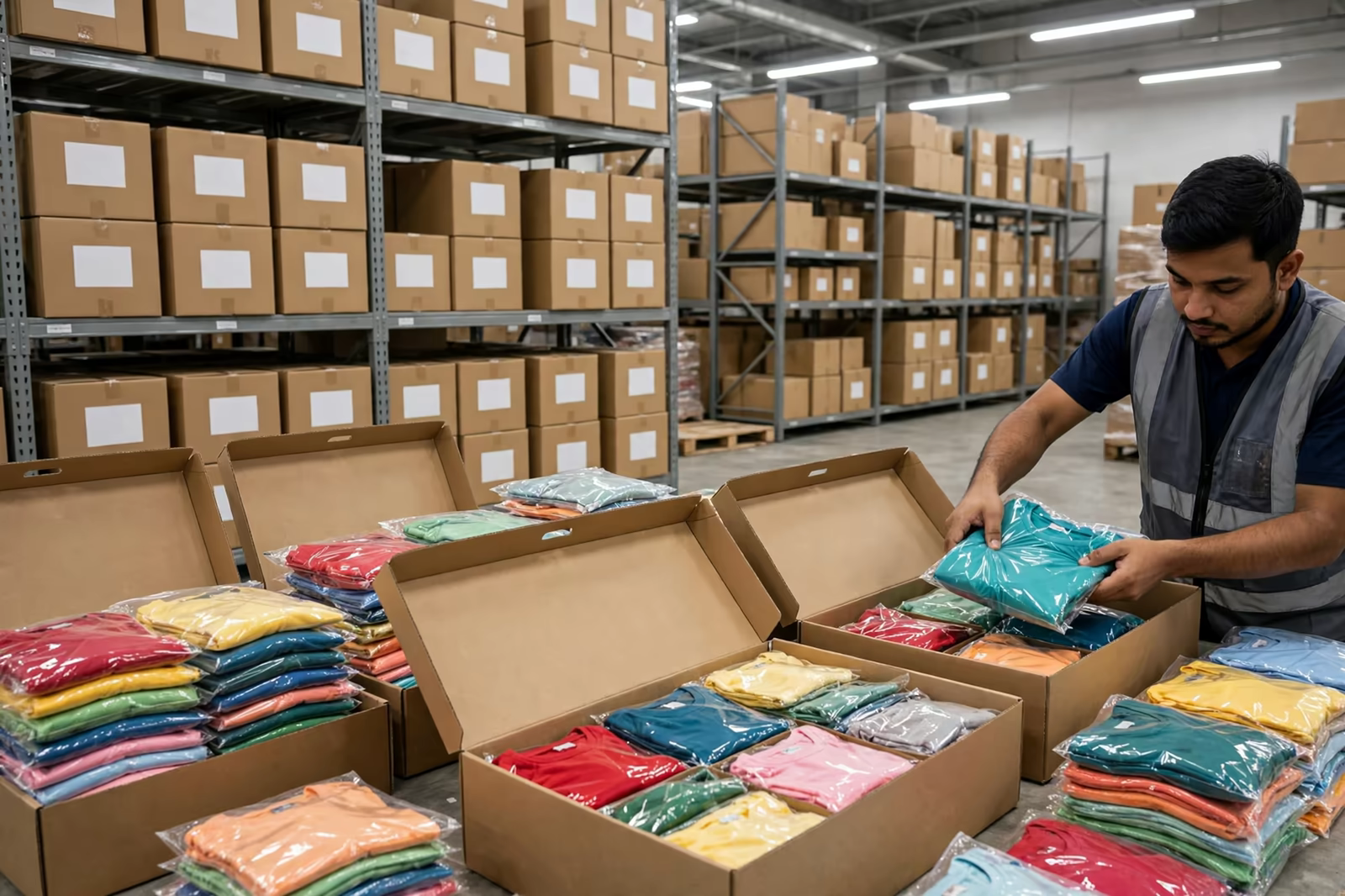 Cartons of folded apparel on warehouse shelves ready for a retail restock order