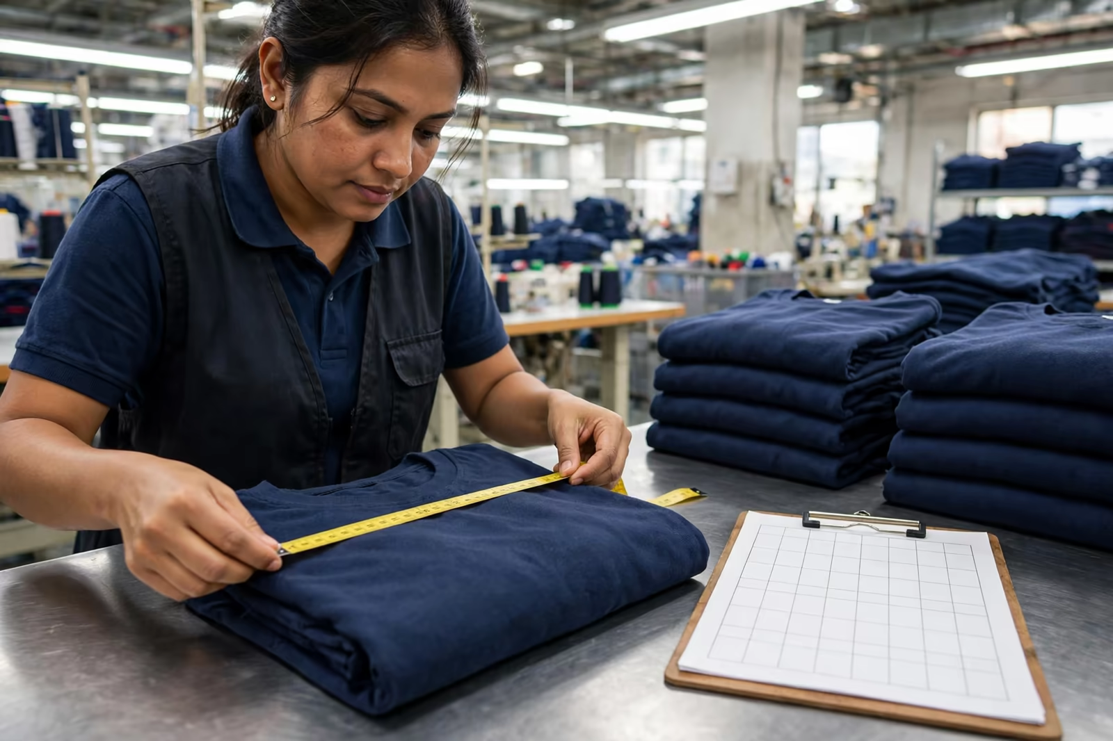 Quality checker measuring a folded t-shirt against the size chart at a manufacturer in Bangladesh