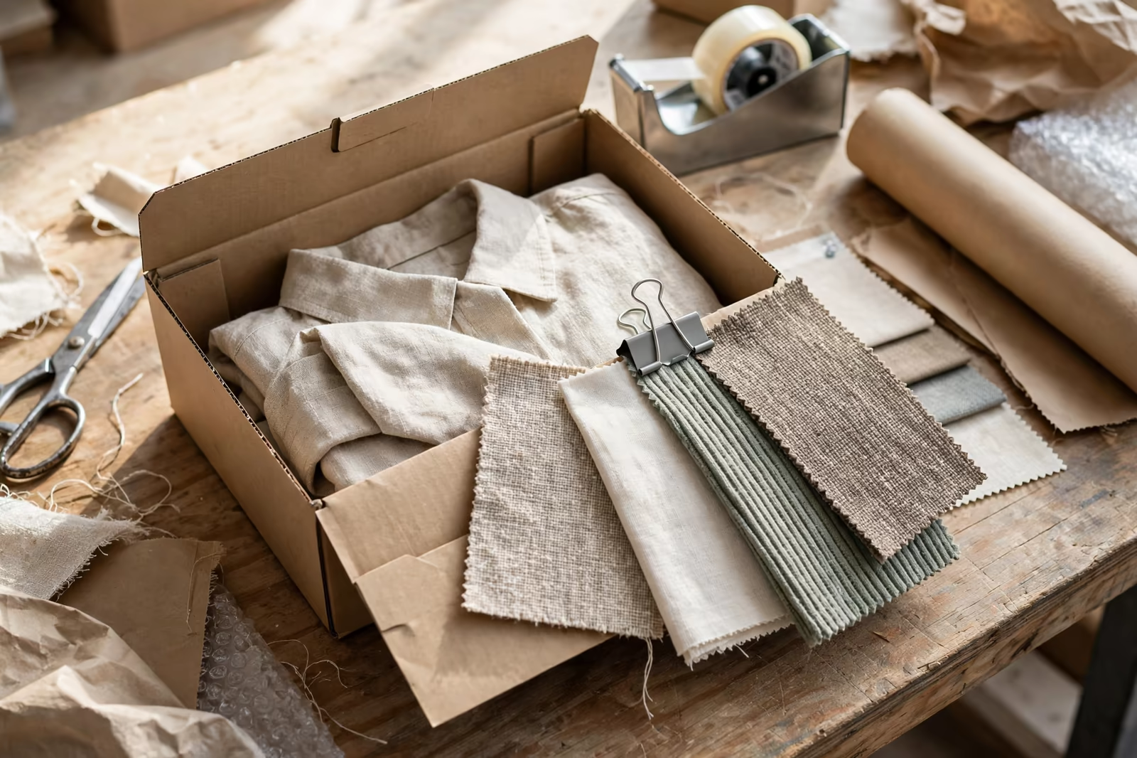 An approval sample parcel with a folded garment and fabric swatches ready for courier dispatch, produced by a clothing manufacturer in Bangladesh
