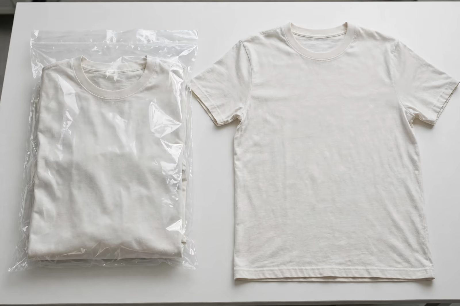 An approved counter sample t-shirt sealed in a polybag beside an open t-shirt on an inspection table, produced by a clothing manufacturer in Bangladesh