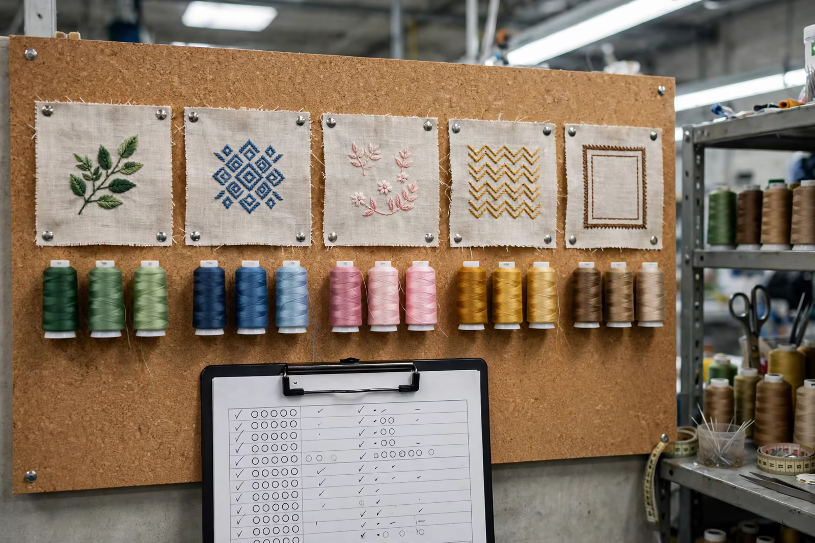 Approved sew out samples board with thread cones in Bangladesh
