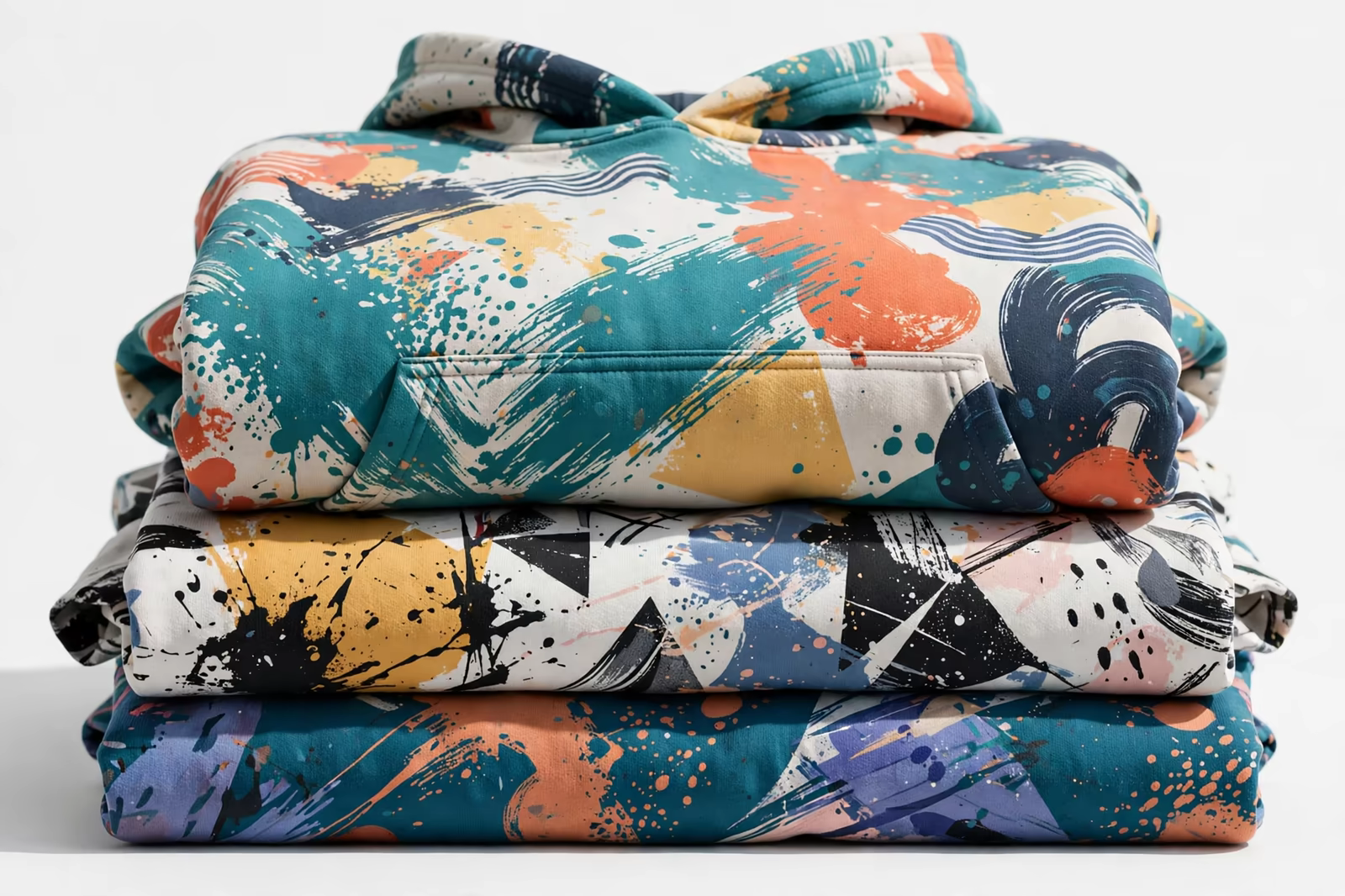 Oversized streetwear t-shirts and a pullover hoodie with bold abstract graphic prints, produced by a clothing manufacturer in Bangladesh