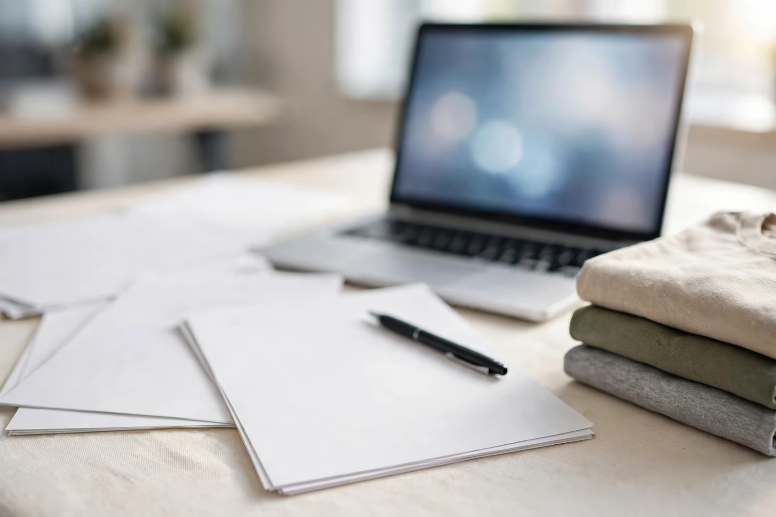 Blank transfer forms and a pen on a desk with a blurred laptop and folded t-shirts, produced by a clothing manufacturer in Bangladesh
