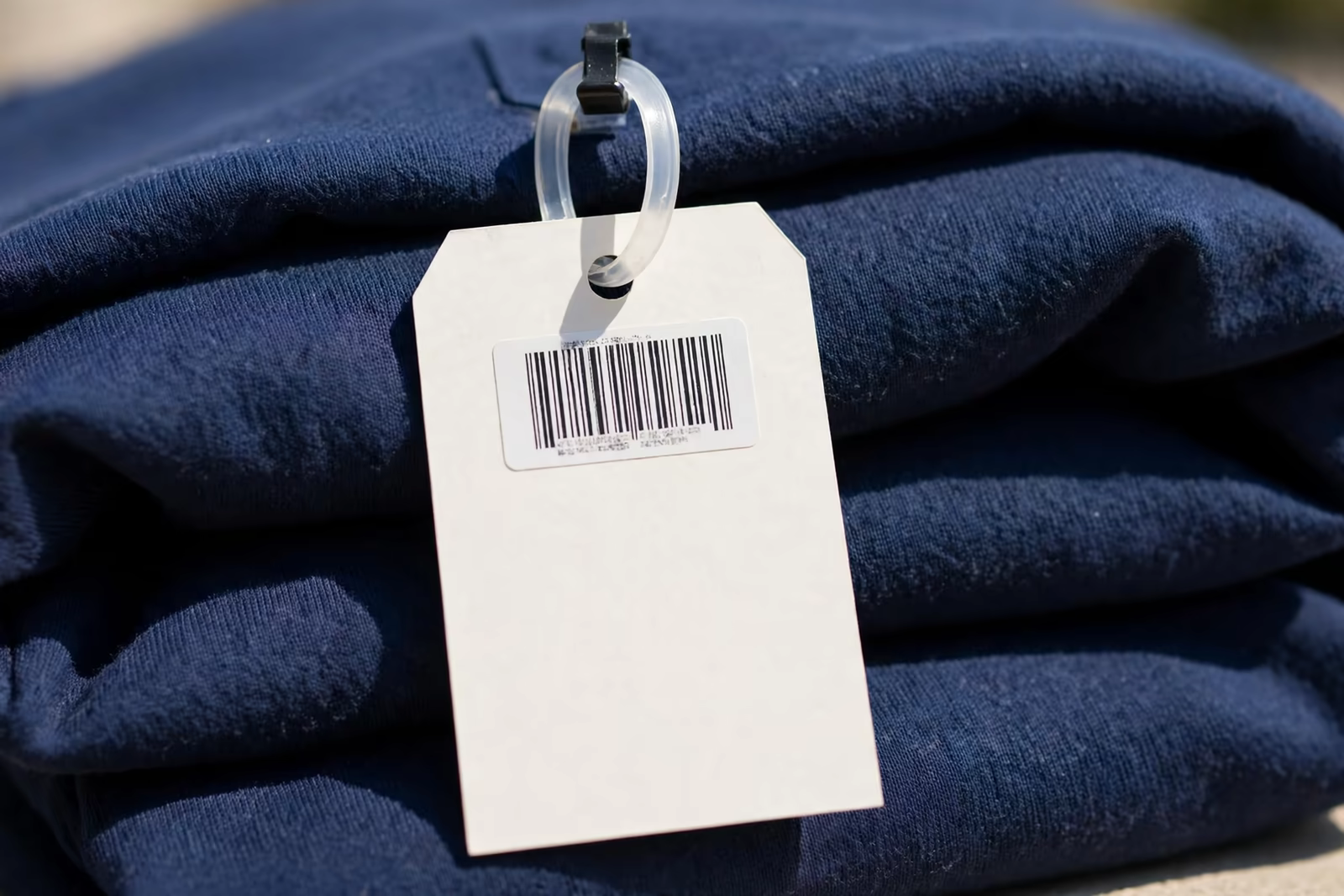 Barcode hangtag on a folded garment in Bangladesh