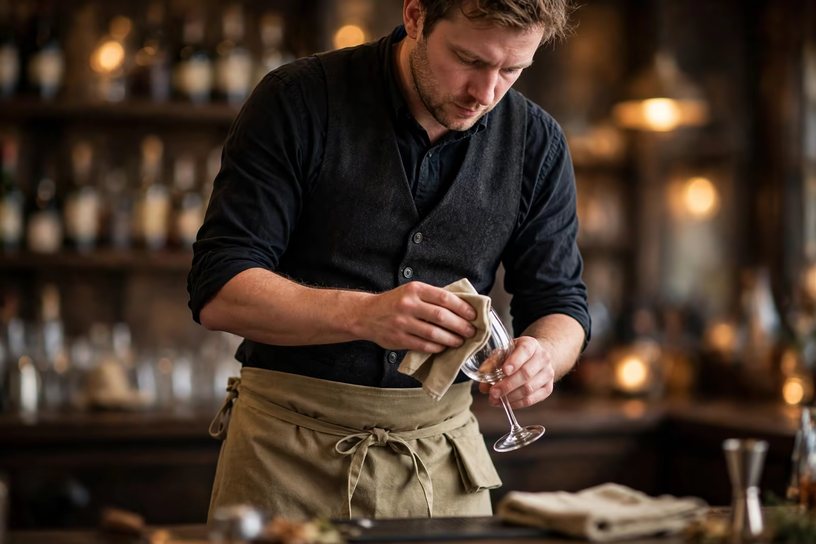 A bartender in a waistcoat and canvas apron polishing a glass behind a bar, produced by a clothing manufacturer in Bangladesh