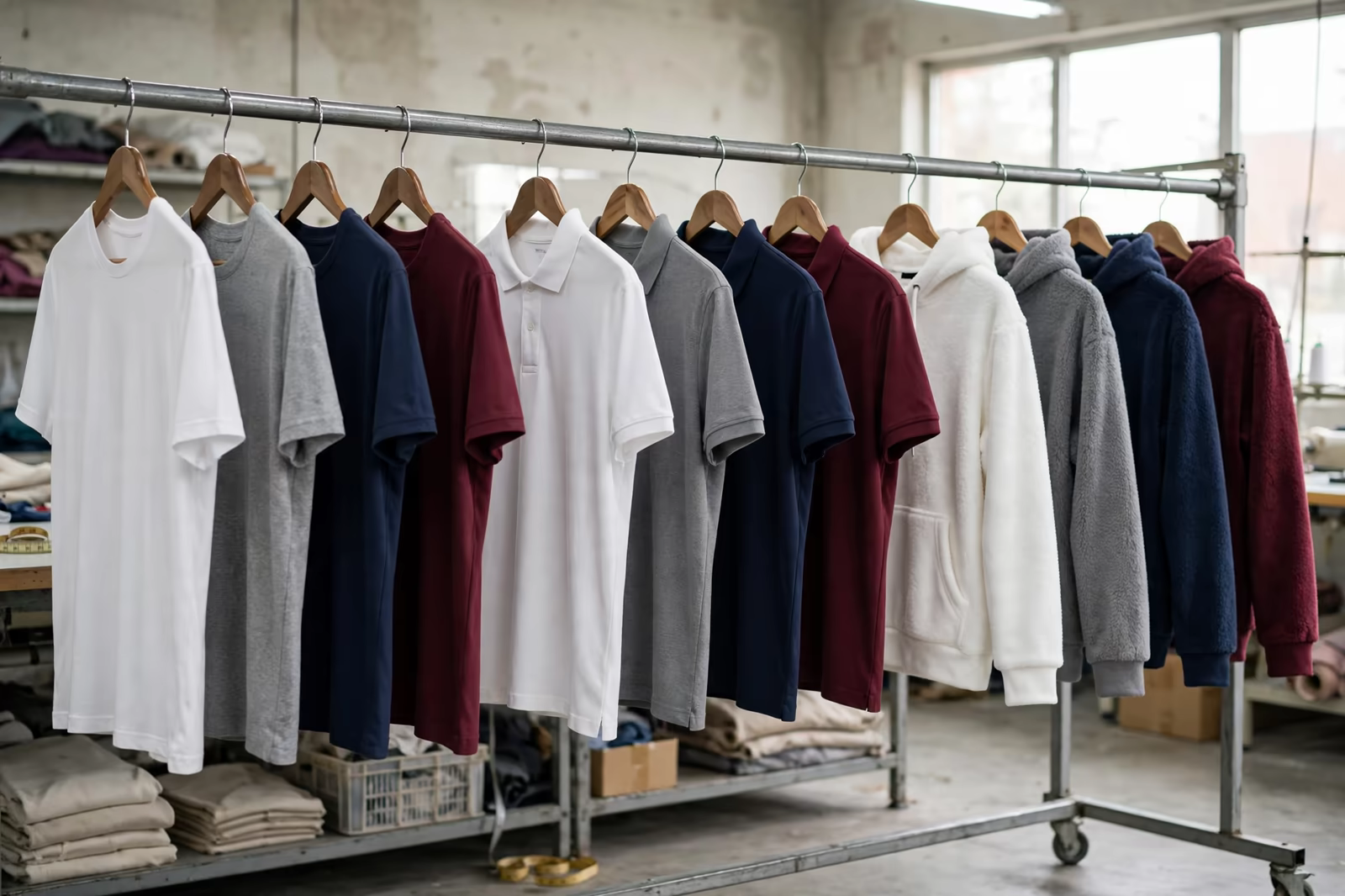 Basic t-shirts, polos and fleece on a sample rail in Bangladesh