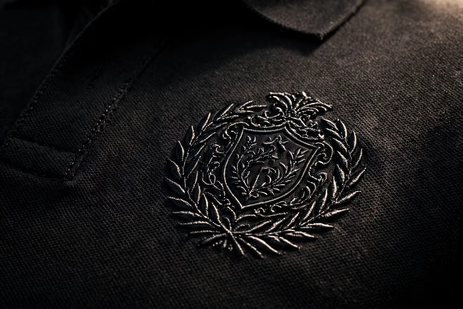 Black on black embroidered crest close up in Bangladesh