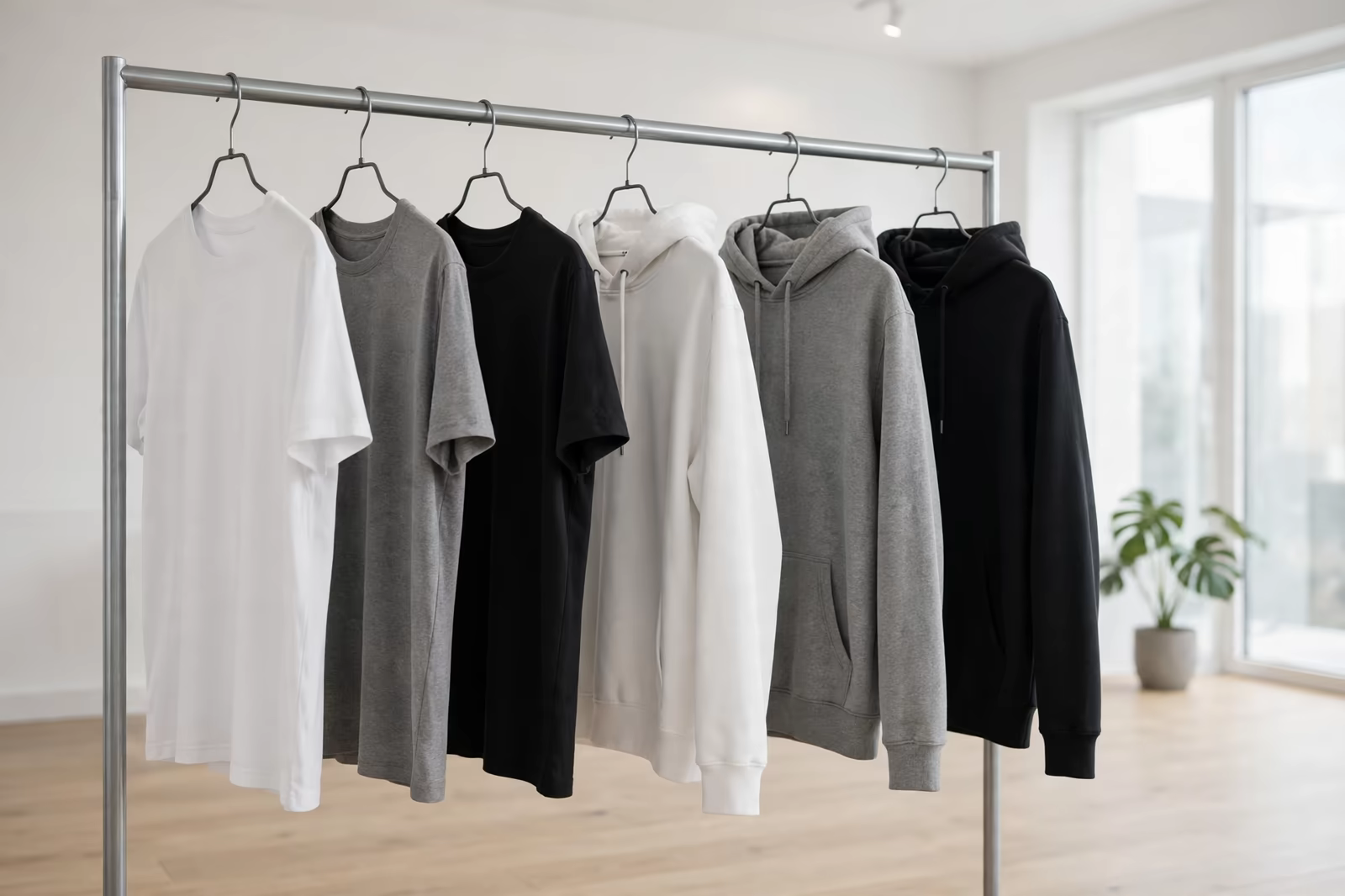 Blank garments rail ready for white label branding in Bangladesh