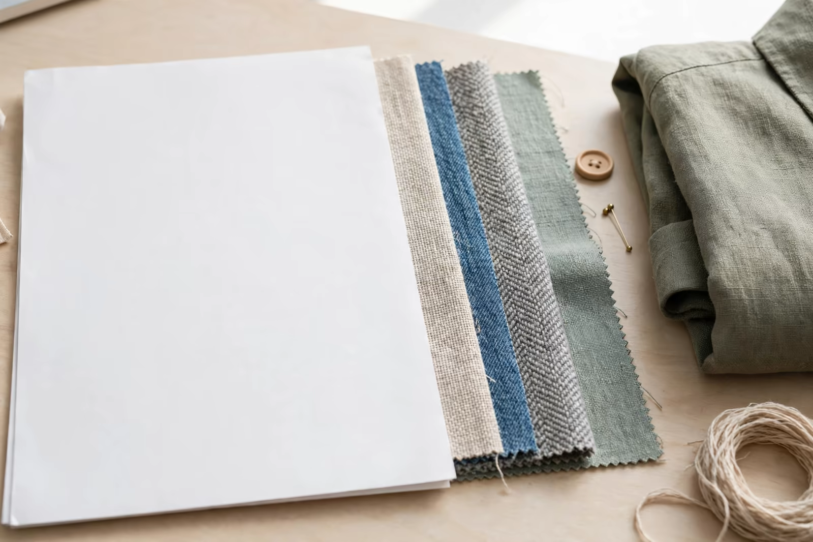 A blank quotation sheet beside fabric swatches and a folded garment on a desk, produced by a clothing manufacturer in Bangladesh
