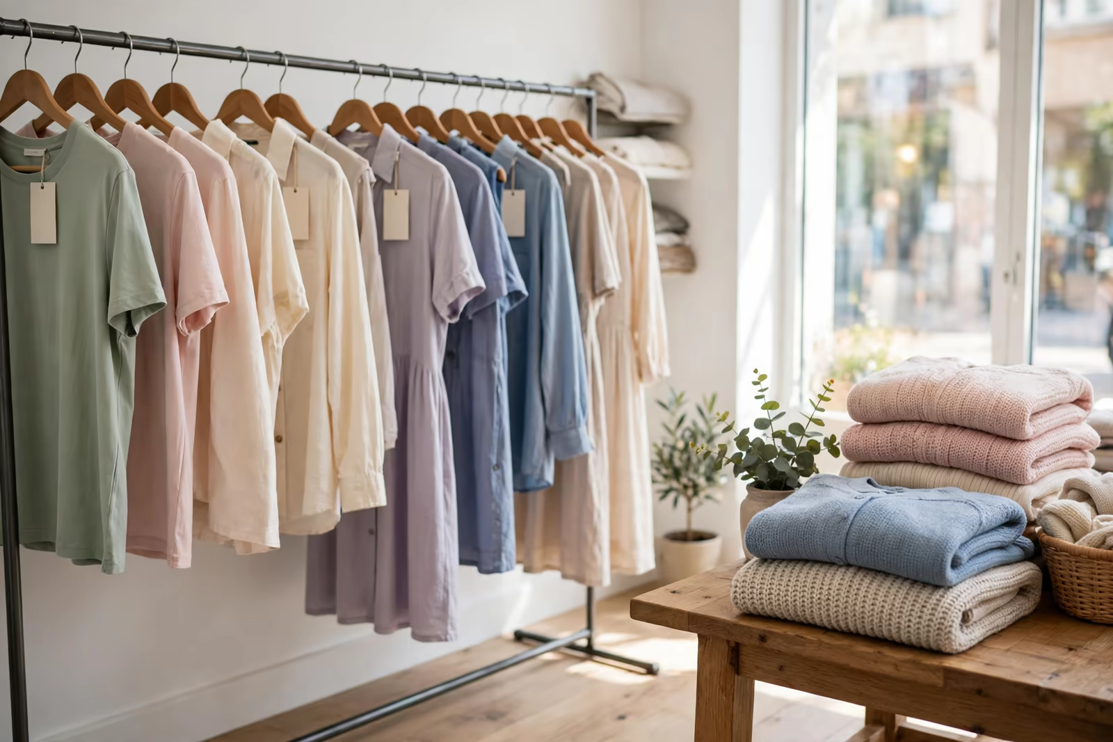 Boutique clothing rail with own brand garments and blank hang tags ready for retail sale