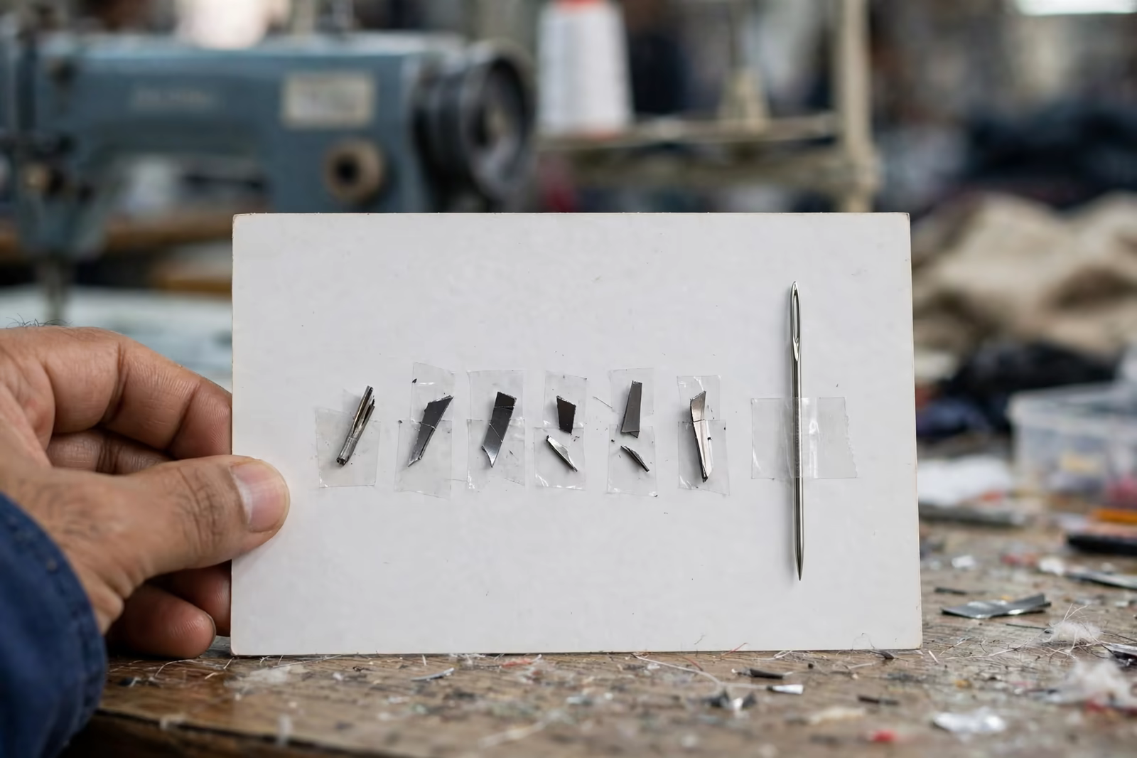 Broken needle fragments taped to a record card beside a complete needle in Bangladesh