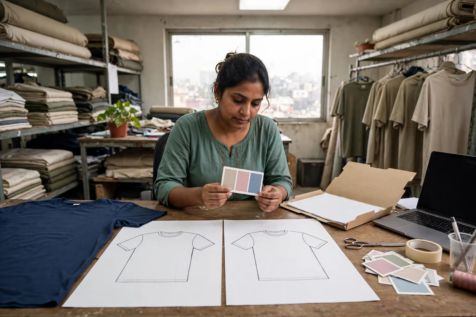 Merchandiser reviewing a buyer change request against the original garment in Bangladesh