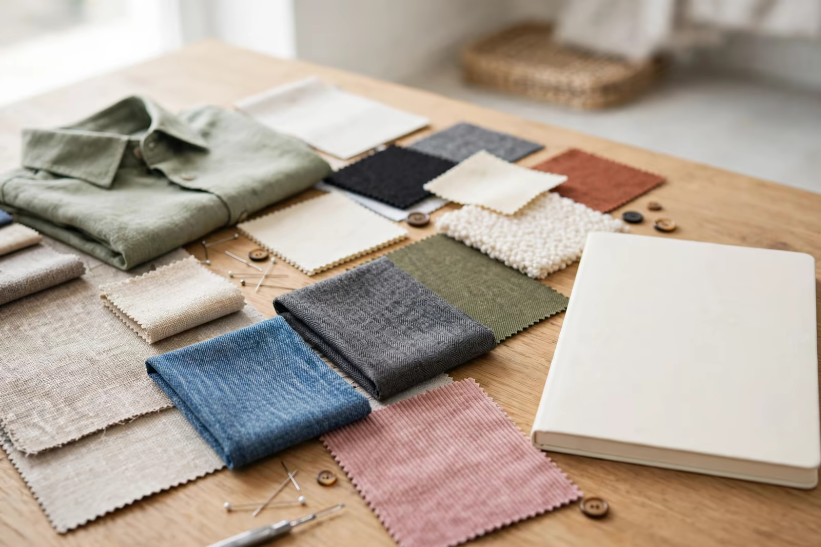 Garment samples and fabric swatches with a blank notebook on a buyer meeting table, produced by a clothing manufacturer in Bangladesh