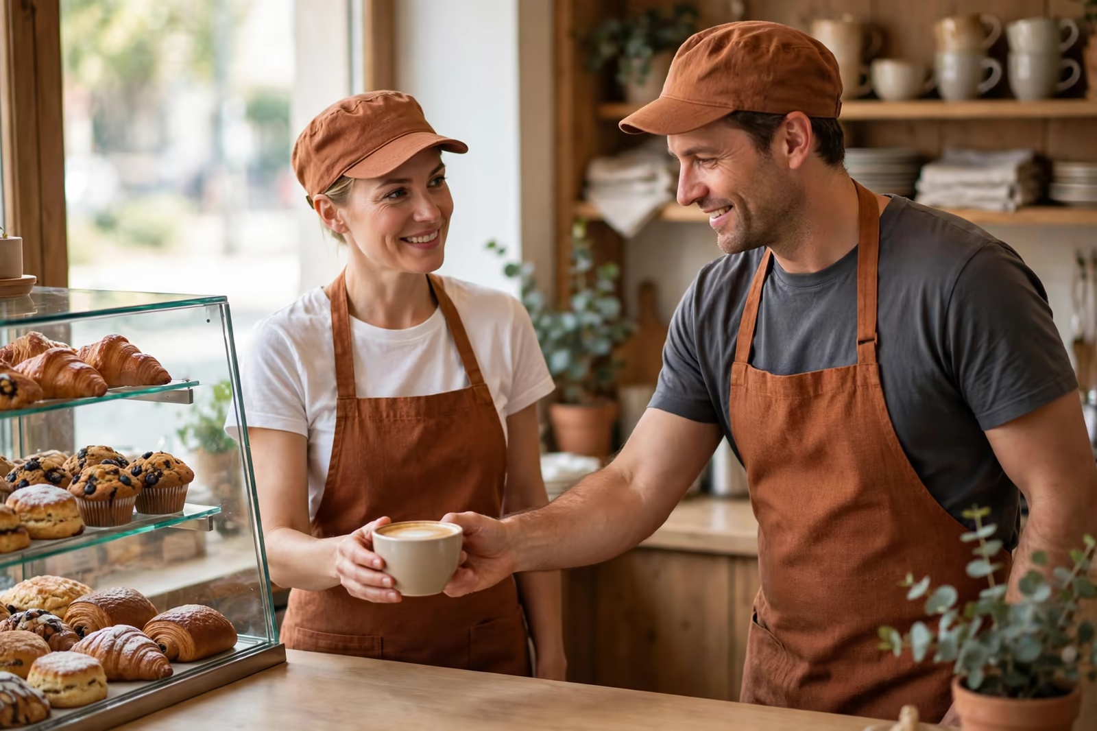 Cafe counter staff in rust aprons and caps serving coffee, produced by a clothing manufacturer in Bangladesh
