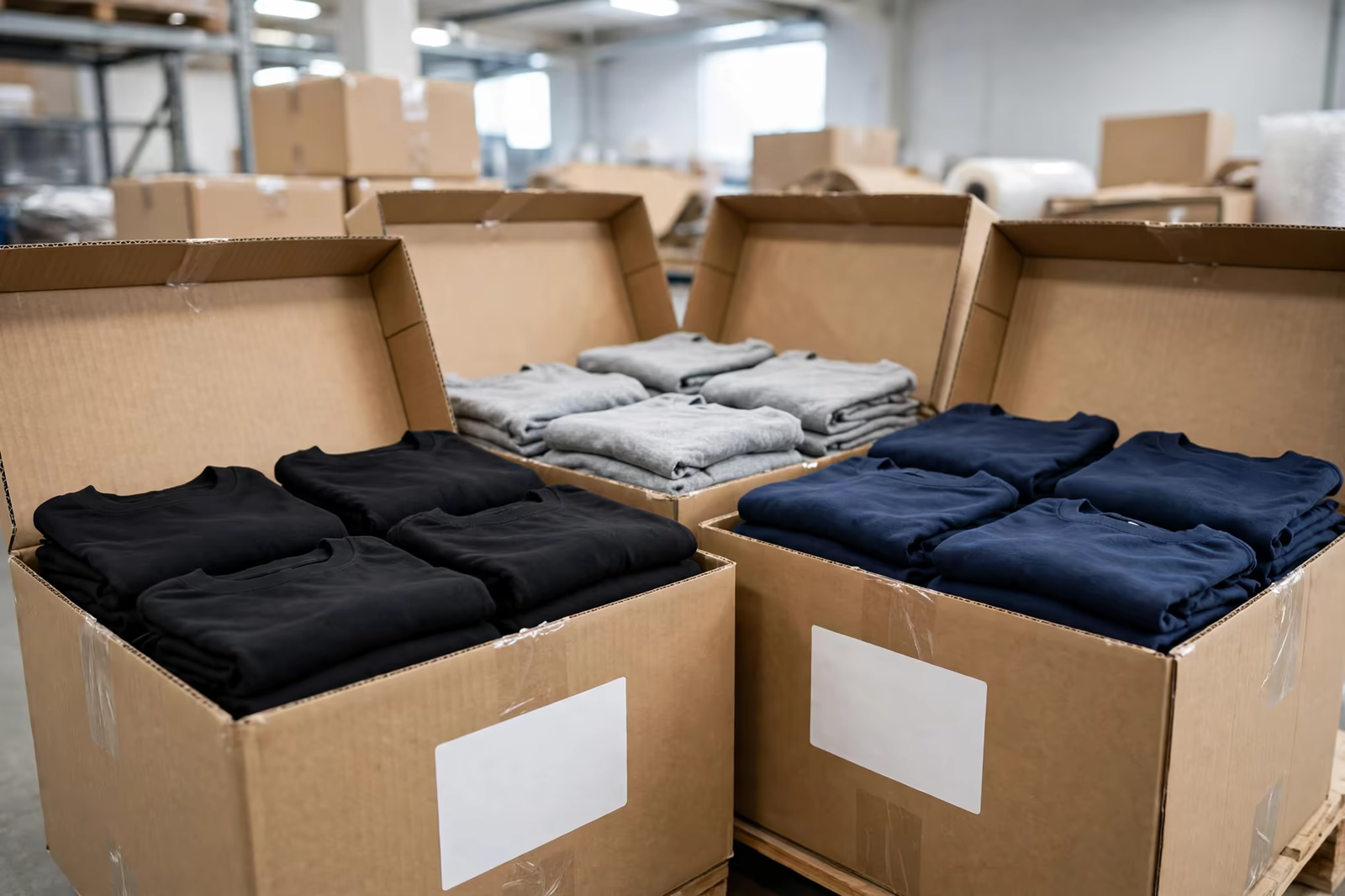 Warehouse cartons of folded campaign t-shirts staged for dispatch with blank labels, produced by a clothing manufacturer in Bangladesh