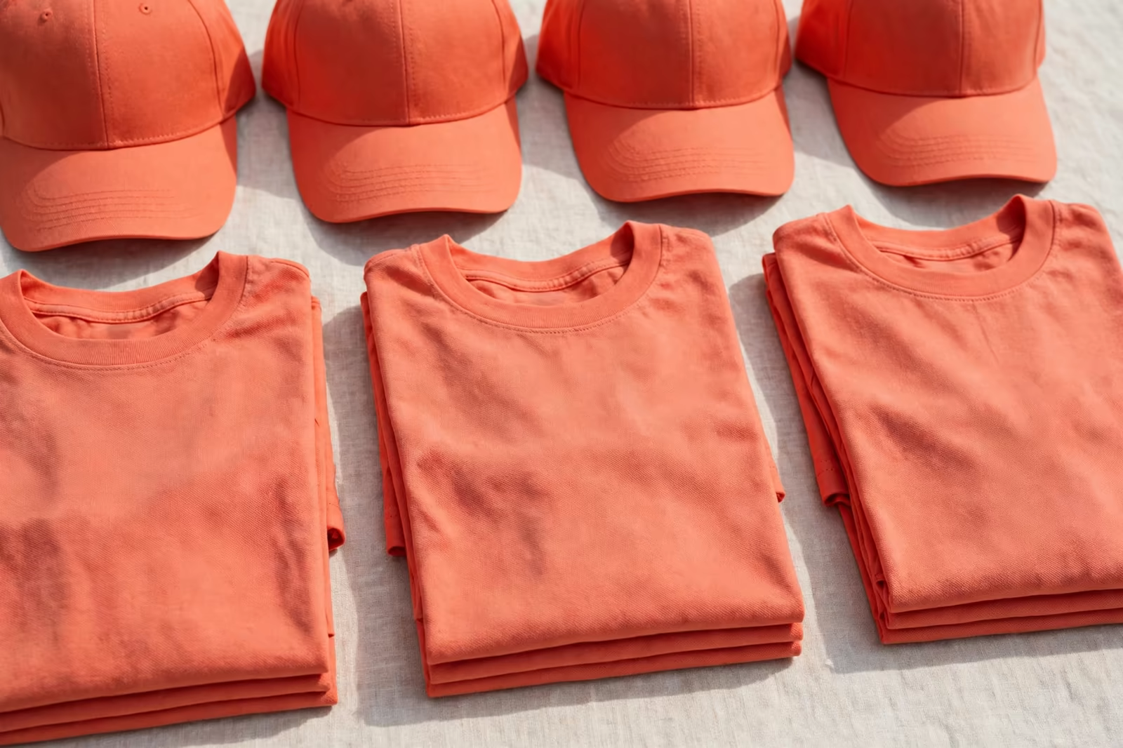 Staff t-shirts in one reserved bright colour with matching baseball caps arranged in a flat lay, produced by a clothing manufacturer in Bangladesh
