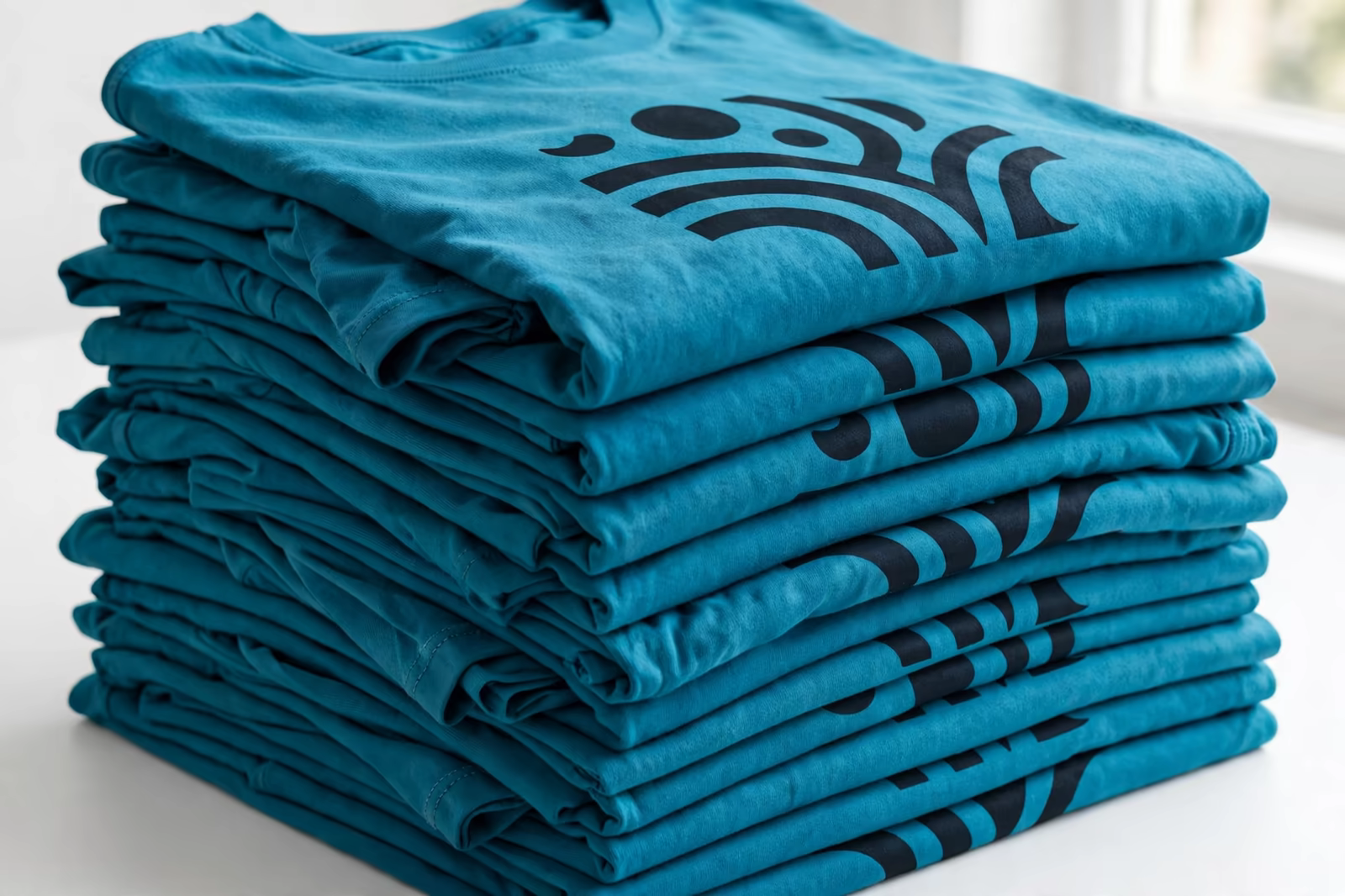 A deep stack of campaign t-shirts in one strong colour with a bold abstract graphic print, produced by a clothing manufacturer in Bangladesh