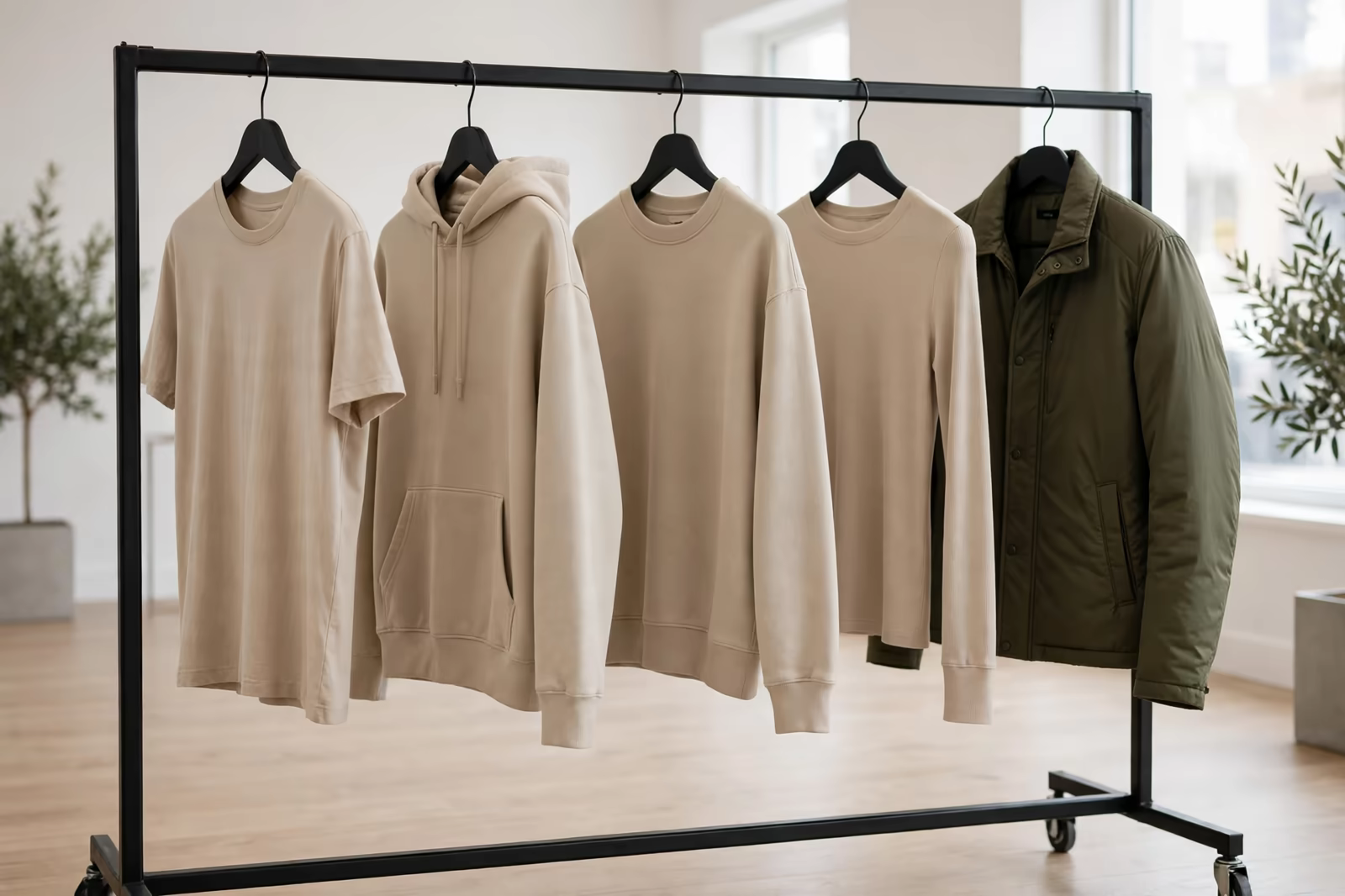 Capsule range of five clothing styles on a rail in Bangladesh