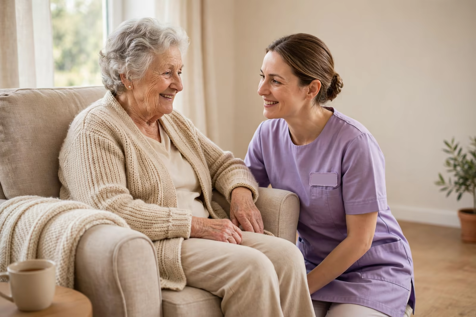 A carer in a lilac tunic uniform talking with a resident in a care home lounge, produced by a clothing manufacturer in Bangladesh
