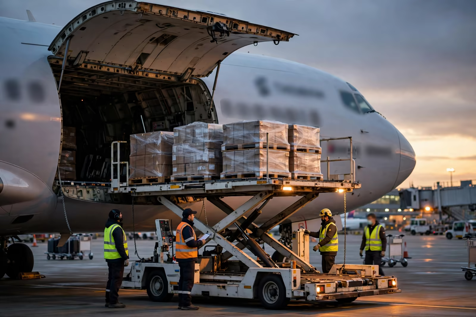 Cartons being loaded into a cargo aircraft at dusk
