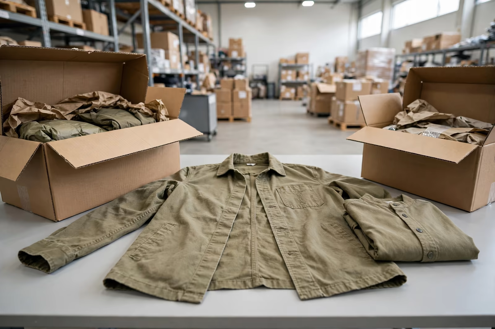 Opened shipping cartons with a garment laid out for checking on an inspection table in a bright warehouse, produced by a clothing manufacturer in Bangladesh