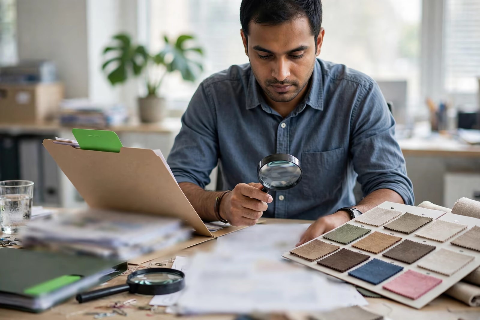 Certification documents reviewed beside fabric samples