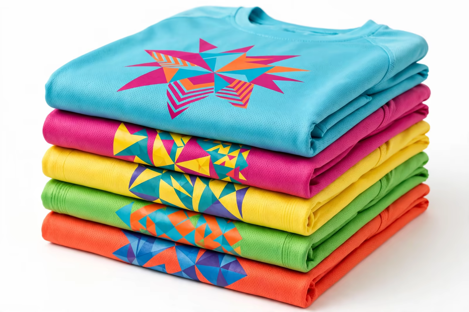 A stack of bright charity run finisher t-shirts with bold geometric event prints, produced by a clothing manufacturer in Bangladesh
