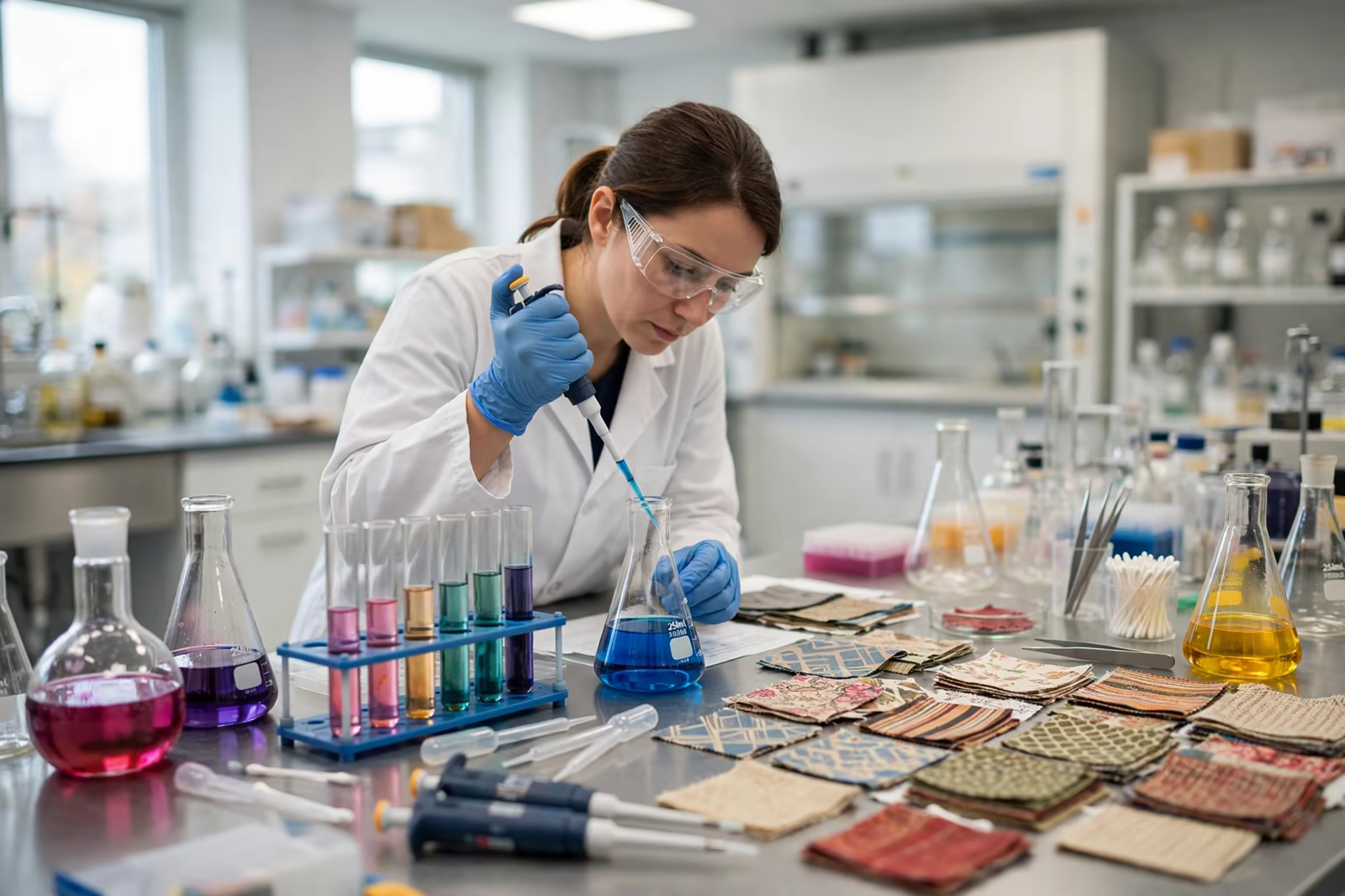Dyes and prints under chemical testing in a laboratory