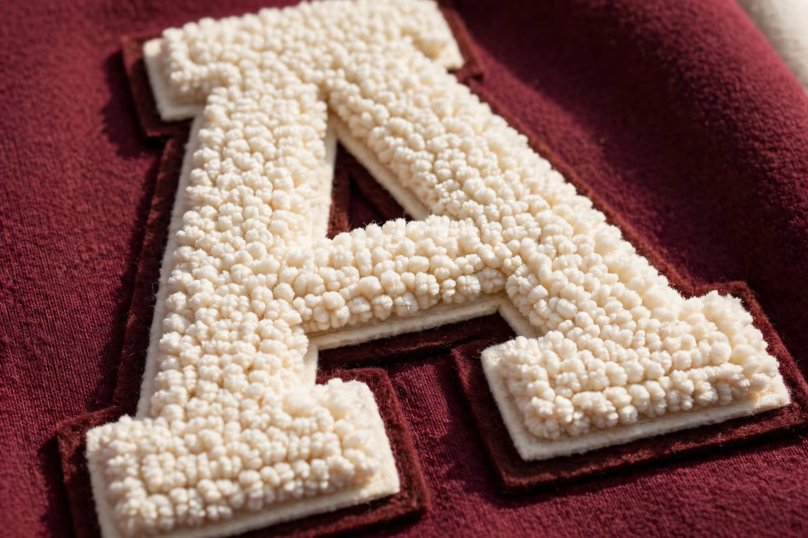 Chenille letter embroidery close up in Bangladesh
