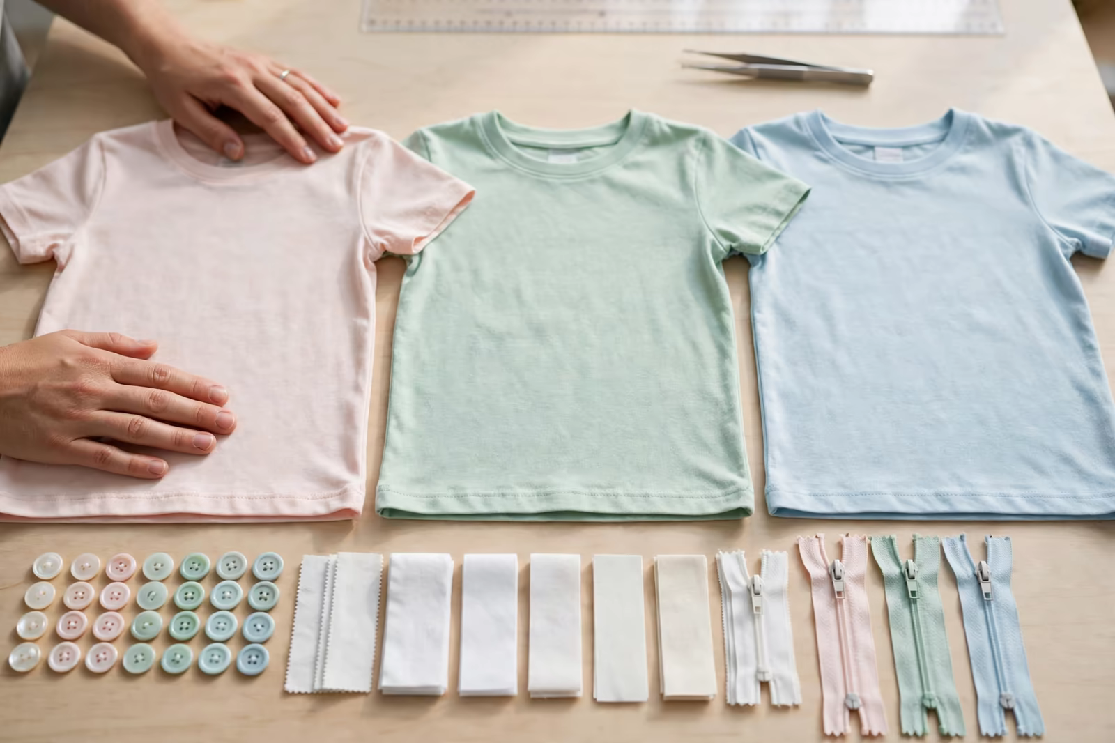 Childrens garments and trims laid out for a compliance check