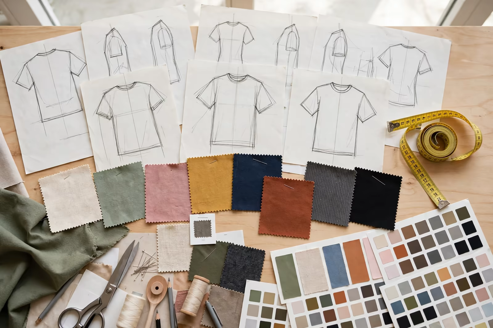 Clothing brand design sketches and fabric swatches in Bangladesh