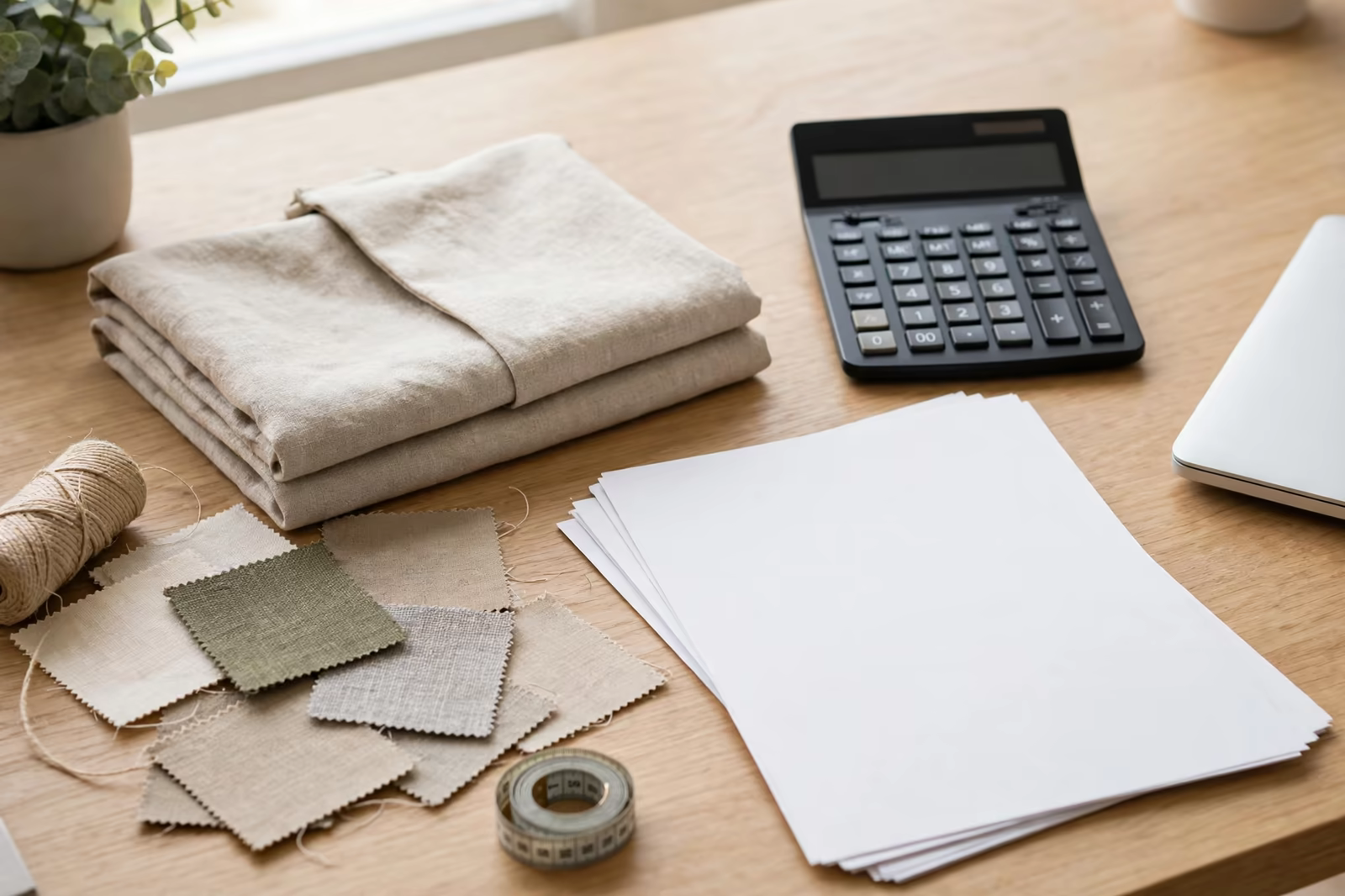 Clothing line budget desk with sample and calculator in Bangladesh