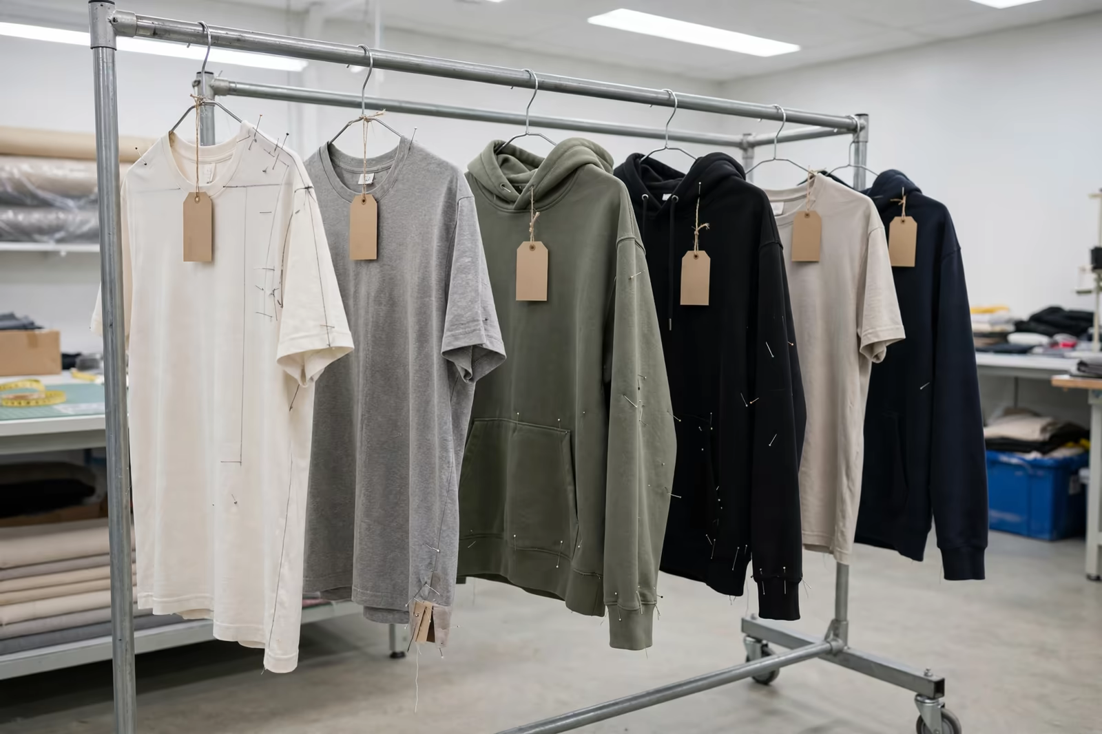 Clothing samples on a rack during sampling in Bangladesh