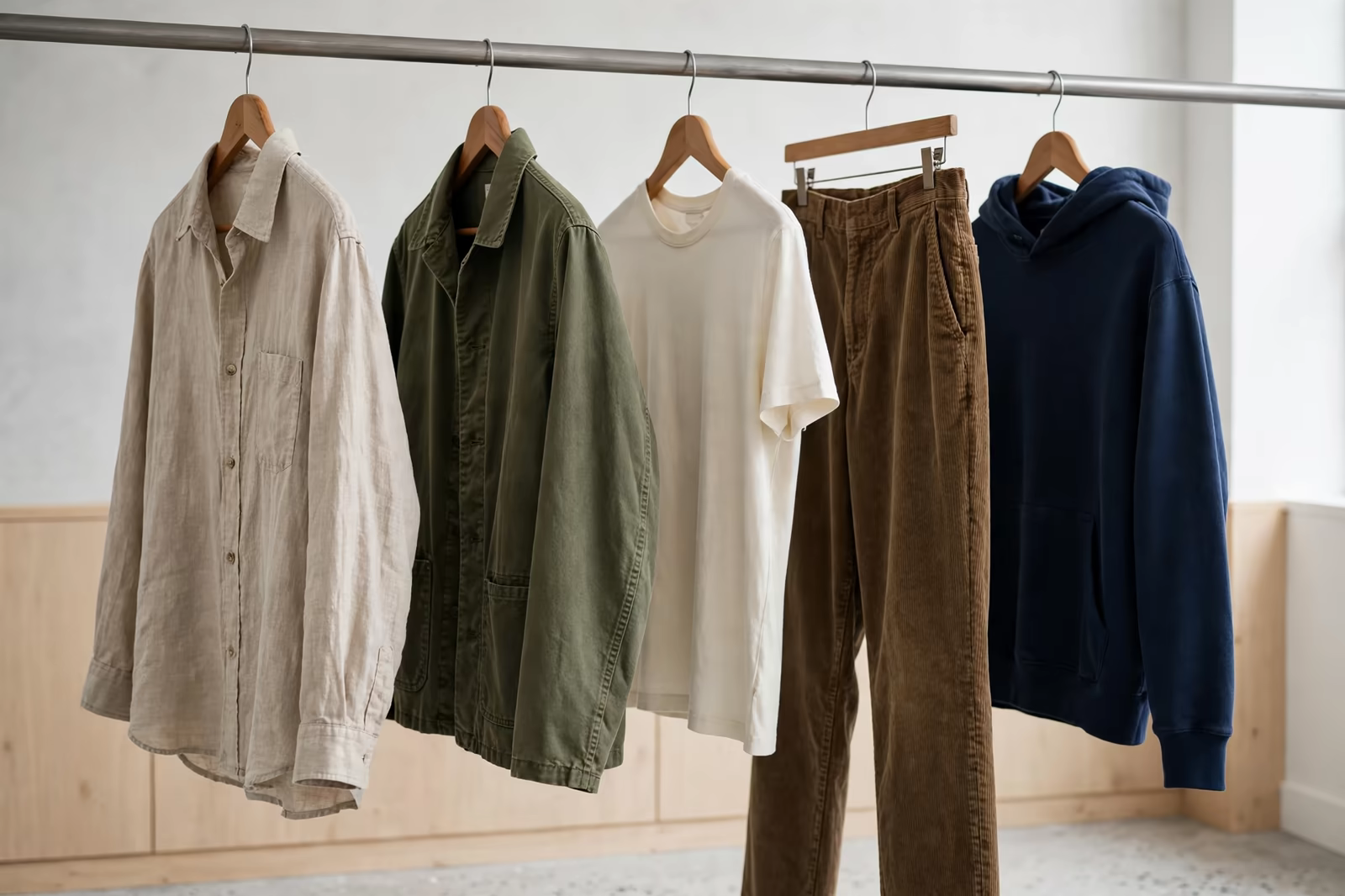 Sample garments of a new clothing collection hanging on a rail in a bright sample room, produced by a clothing manufacturer in Bangladesh