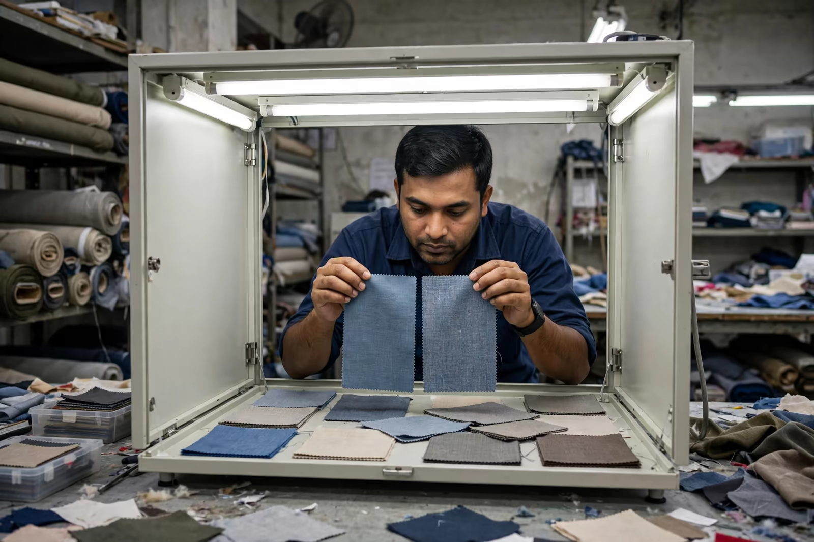 Colour swatches being checked inside a light cabinet under standard lighting in Bangladesh