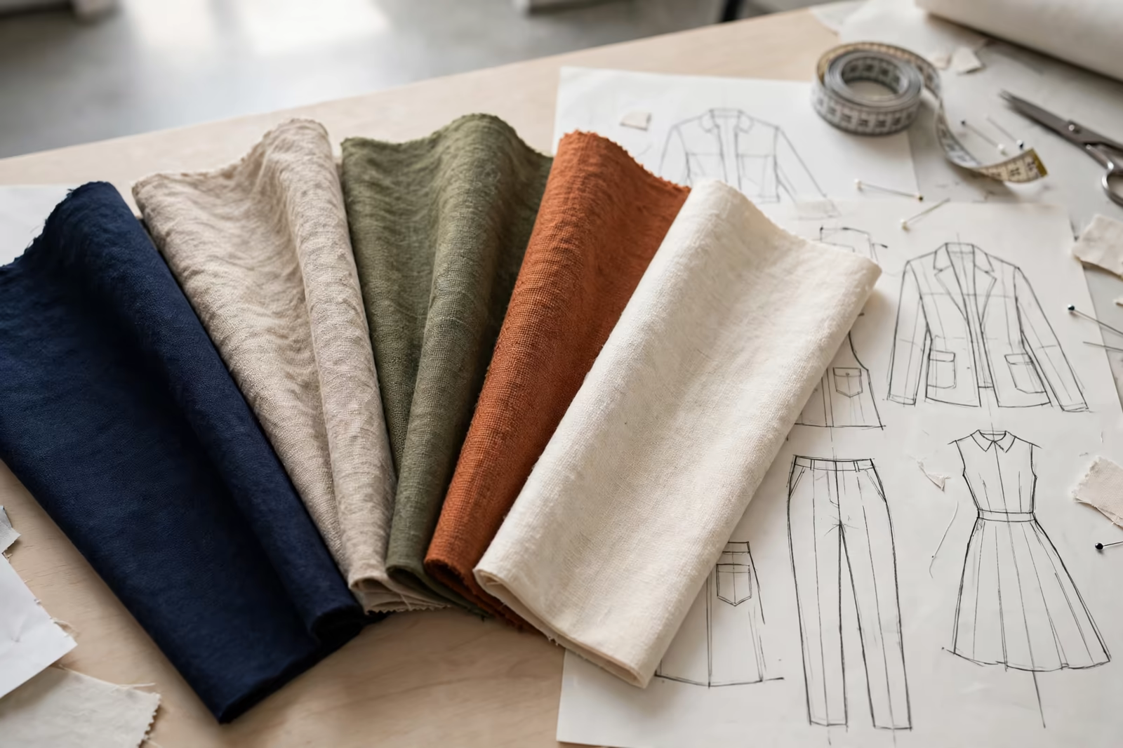 Collection colour palette fabrics on a design table in Bangladesh