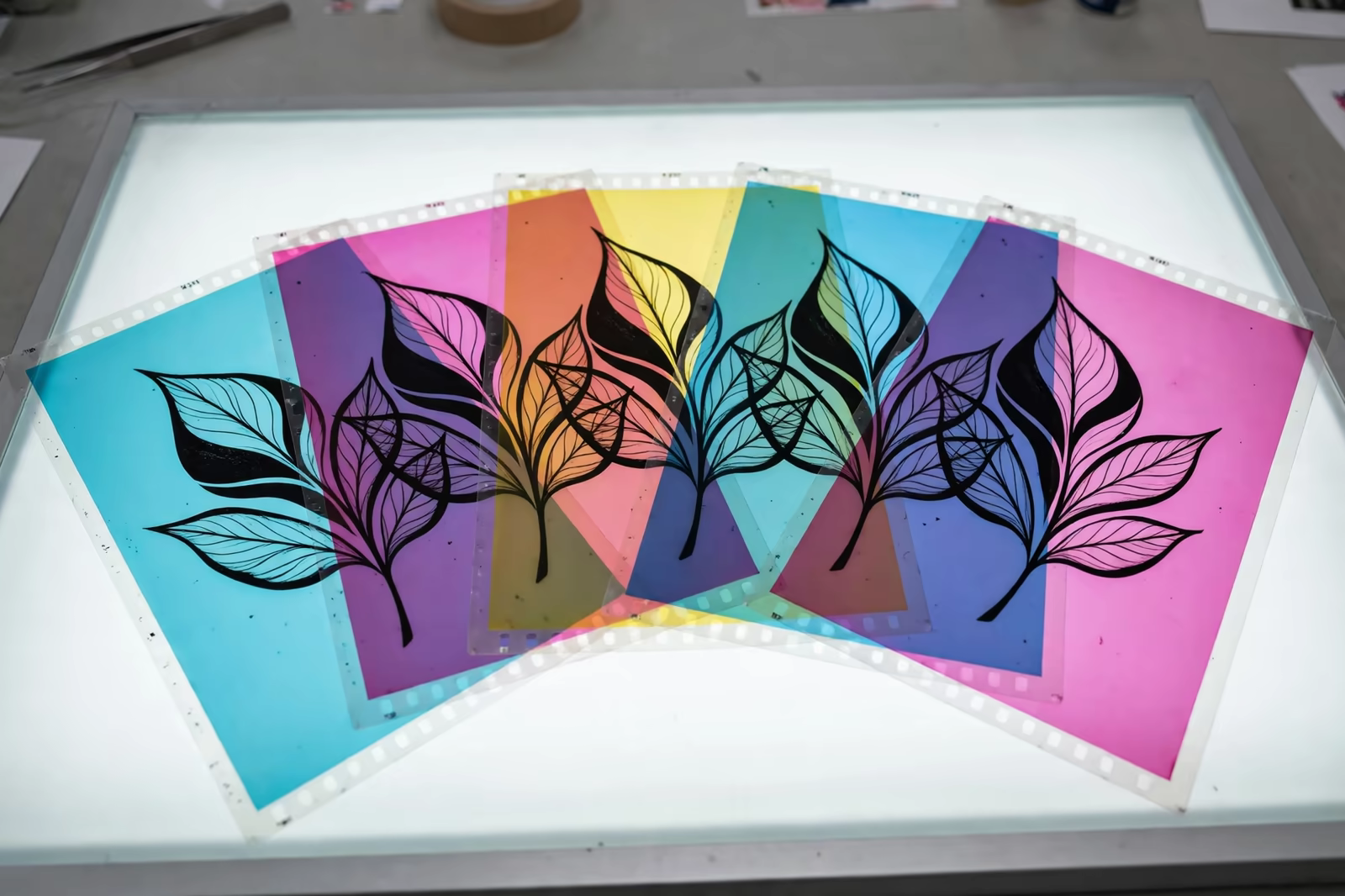 Colour separation films on a light table in Bangladesh