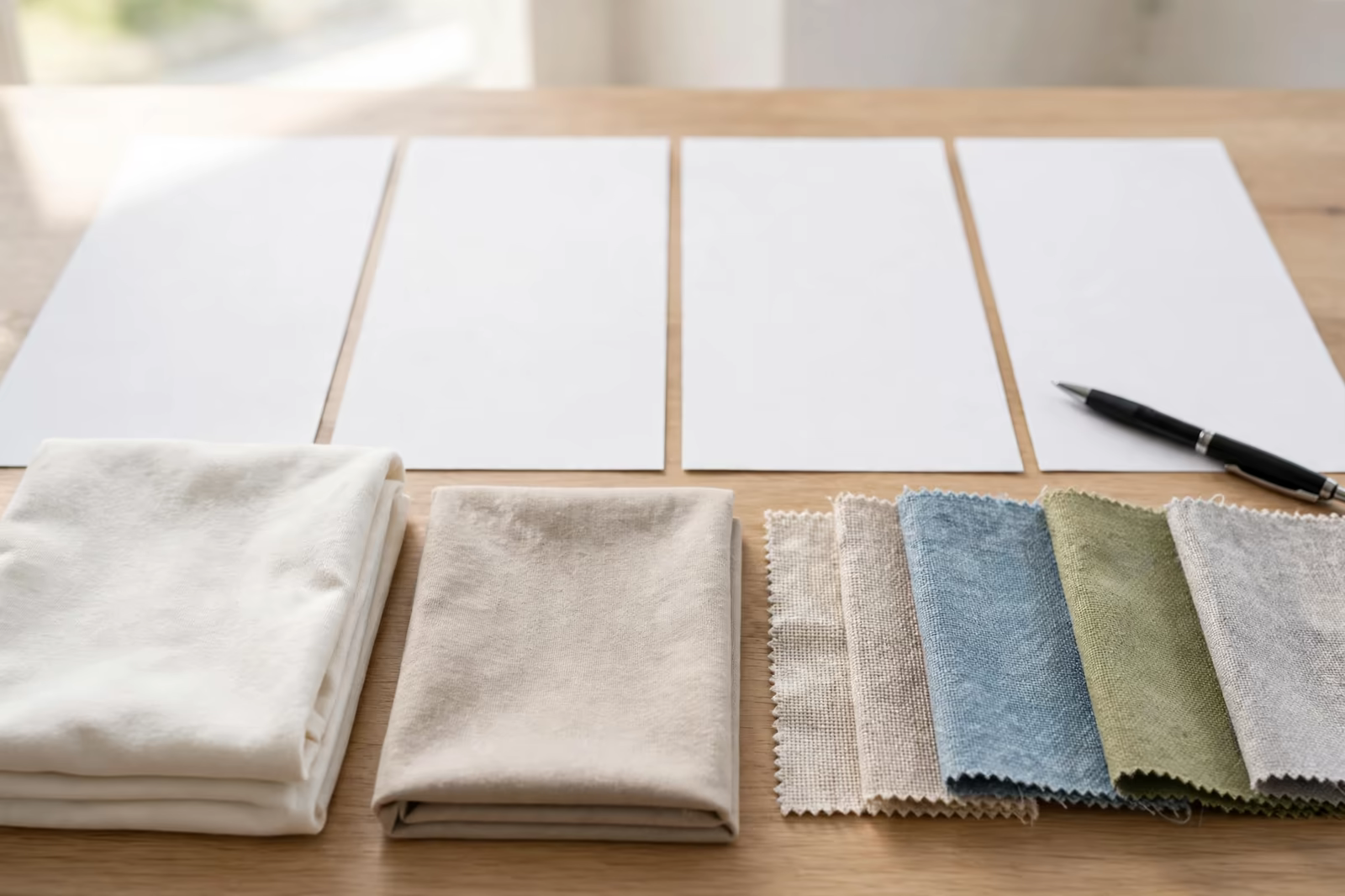 Blank quotation papers, folded garment samples and fabric swatches on a buyer comparison desk, produced by a clothing manufacturer in Bangladesh
