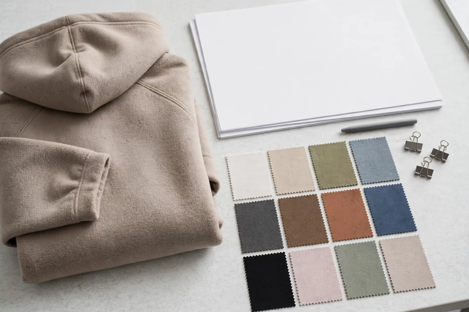 A folded fleece hoodie with blank enquiry documents and colour swatches on a desk, produced by a clothing manufacturer in Bangladesh