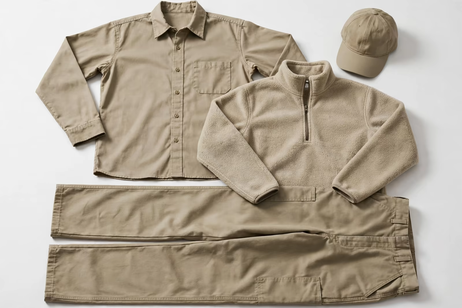 A complete uniform kit of work shirt, fleece, trousers and cap laid out flat, produced by a clothing manufacturer in Bangladesh