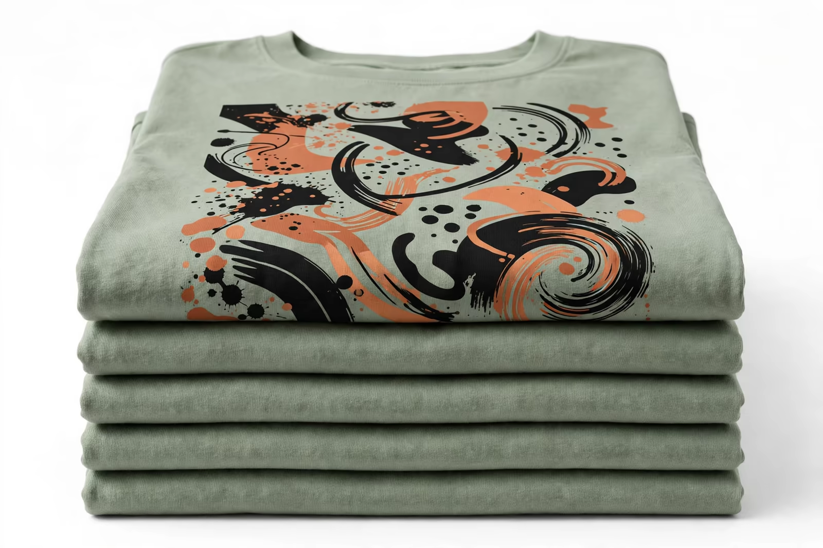 A stack of conference giveaway t-shirts with a bold abstract graphic print, produced by a clothing manufacturer in Bangladesh