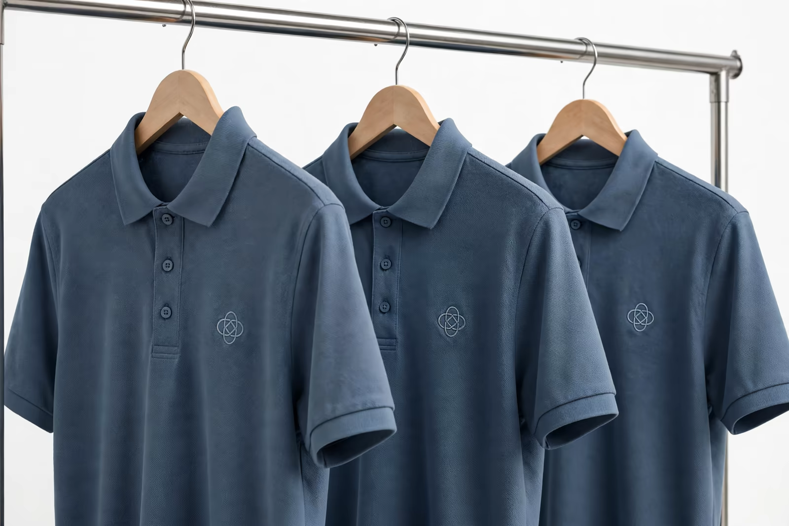 Conference staff polo shirts in one reserved colour with an embroidered chest emblem hanging on a rail, produced by a clothing manufacturer in Bangladesh