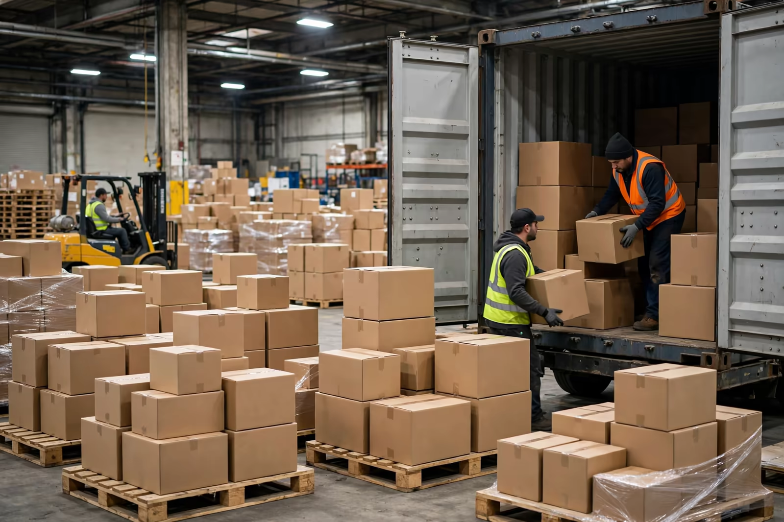 Cartons being consolidated into a shared container at a freight station
