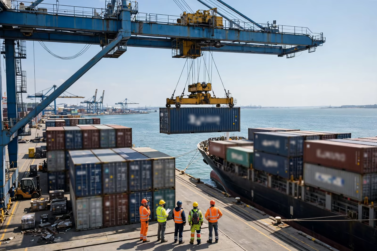 A container being lifted on board a vessel at port