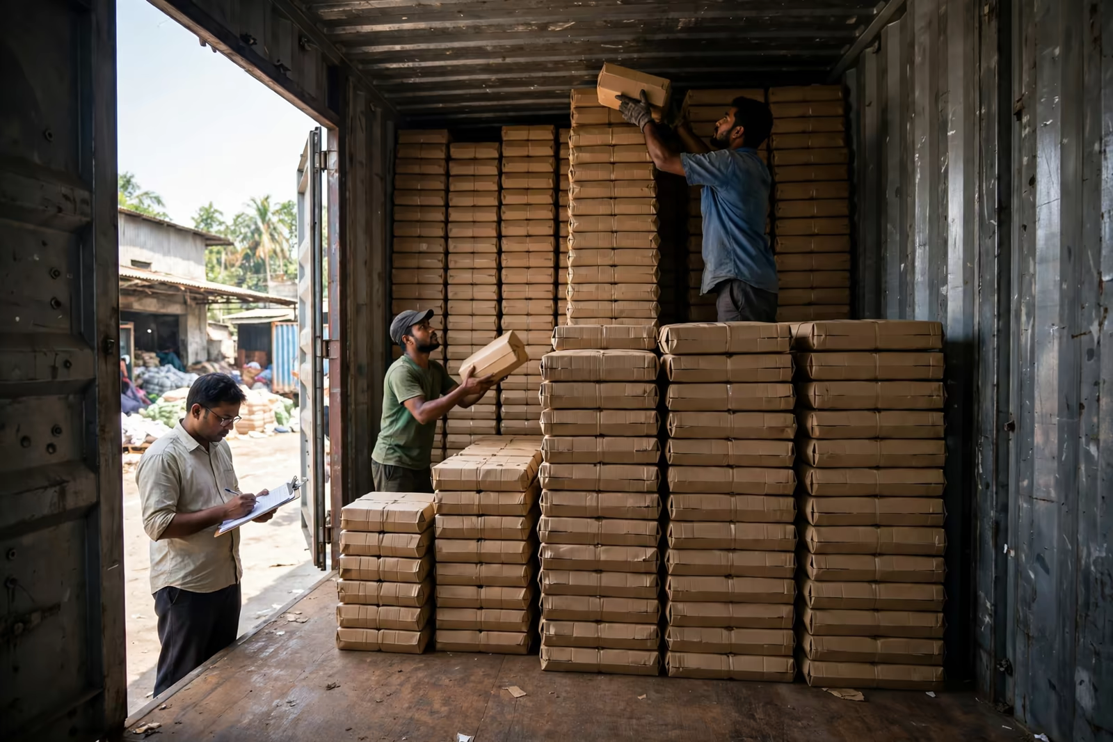 Workers loading garment cartons into a shipping container