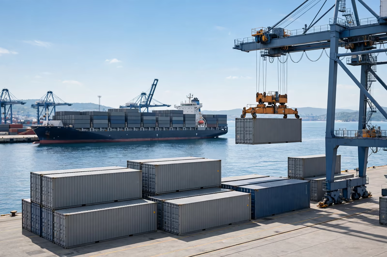 A container being lifted at a port terminal with a loaded vessel behind, produced by a clothing manufacturer in Bangladesh